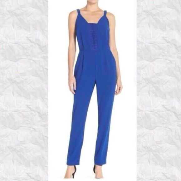 Adelyn Rae Straight Leg Jumpsuit Sz SM Cobalt Blue Cocktail Knot Front V Neck - Picture 1 of 9
